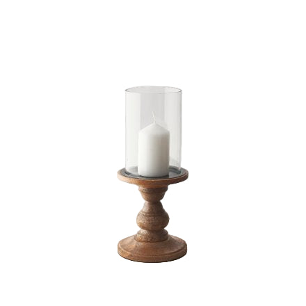 Glass Pillar Candle Holder with Wood Stand, 30cm