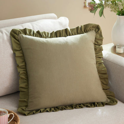 Effie 100% Cotton Ruffled Cushion Moss Green