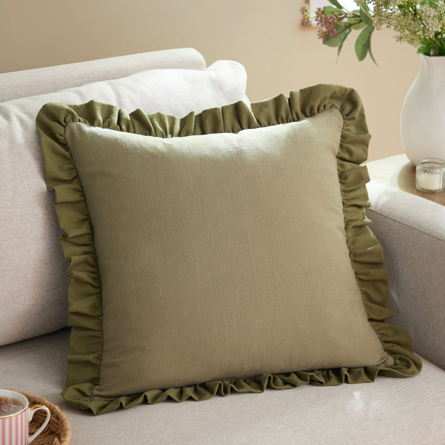 Effie 100% Cotton Ruffled Cushion Moss Green