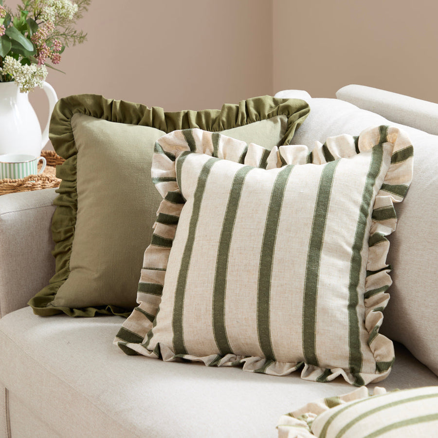 Effie 100% Cotton Ruffled Cushion Moss Green