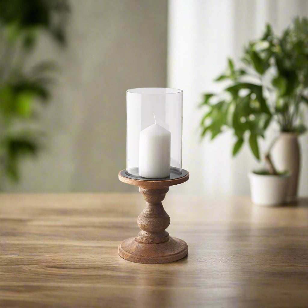 Glass Pillar Candle Holder with Wood Stand, 30cm